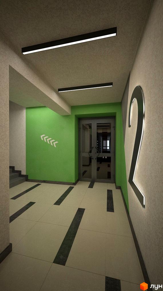 Інтер'єр коридору в ЖК Правильний вибір з зеленими стінами, стрілками-покажчиками та великою цифрою 2 на стіні. Світлодіодне освітлення та плитка на підлозі.