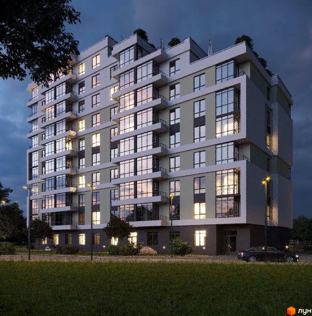 Зображення фасаду багатоквартирного будинку Новобудови Правильний вибір з великими вікнами та прибудинковою територією.