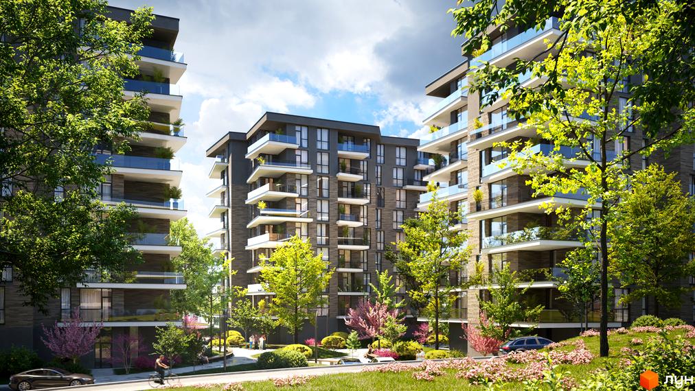 Житловий комплекс Artynov Hall з багатоповерховими будинками та балконами зі скляними огорожами. Прибудинкова територія озеленена деревами та кущами.