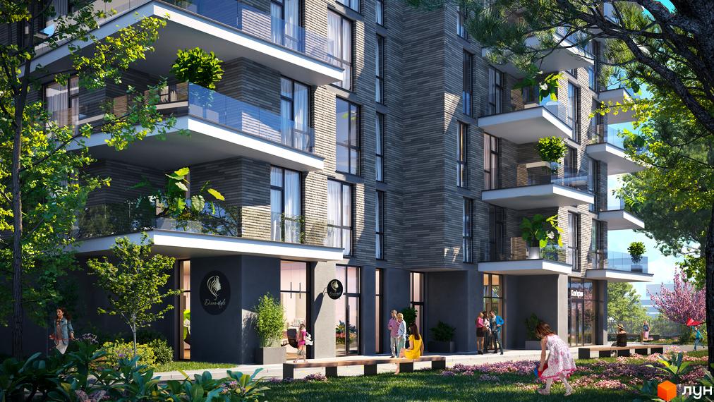 Житловий комплекс Artynov Hall: багатоповерховий будинок з темно-сірим фасадом та балконами. Прибудинкова територія з газоном, деревами та доріжками.