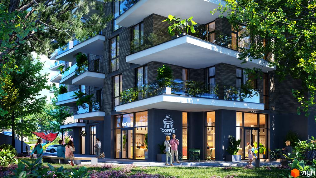 Багатоповерховий будинок Житлового комплексу Artynov Hall з темним фасадом, великими вікнами та балконами. Прибудинкова територія має зелені насадження та кав'ярню на першому поверсі.