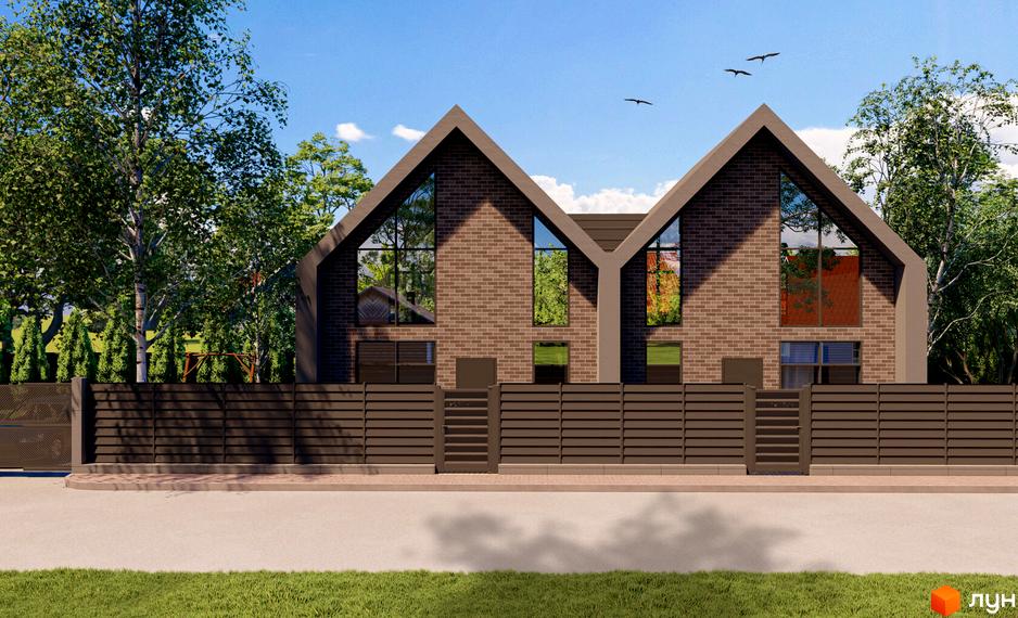 Сучасні дуплекси Тут з цегляним фасадом та великими вікнами, оточені зеленими деревами та огороджені парканом.