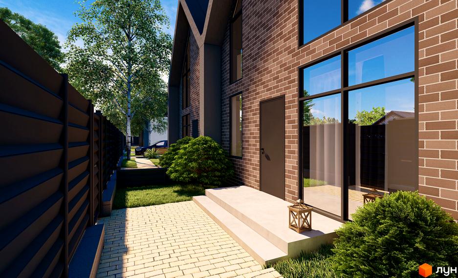 Зовнішній вигляд дуплексів Тут з цегляним фасадом та великими вікнами. Прибудинкова територія з брукованою доріжкою та зеленню.