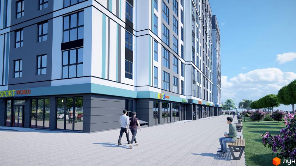 Житловий комплекс Нова Барселона: багатоповерховий будинок з комерційними приміщеннями. Прибудинкова територія має пішохідну алею, зелені насадження та лавки.