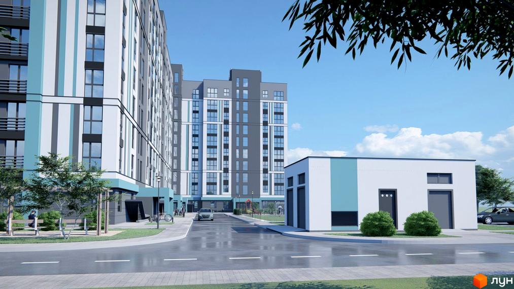 Житловий комплекс Нова Барселона: фасади будинків з вертикальними смугами блакитного та сірого кольорів, прибудинкова територія з дорогою та зеленими насадженнями.