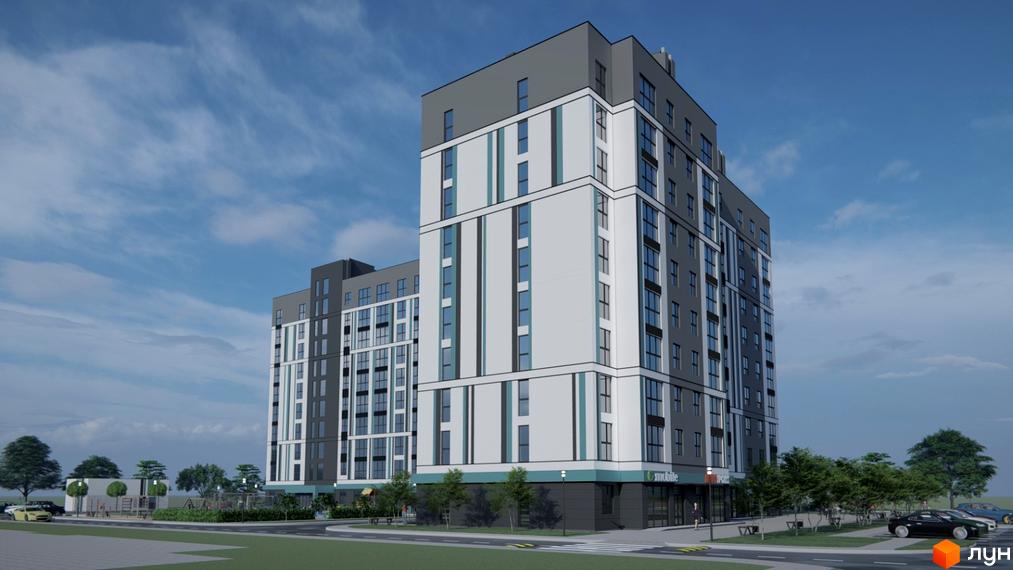 Новобудова ЖК Нова Барселона з біло-сірим фасадом та блакитними елементами. Поруч розташований дитячий майданчик та зелені насадження.