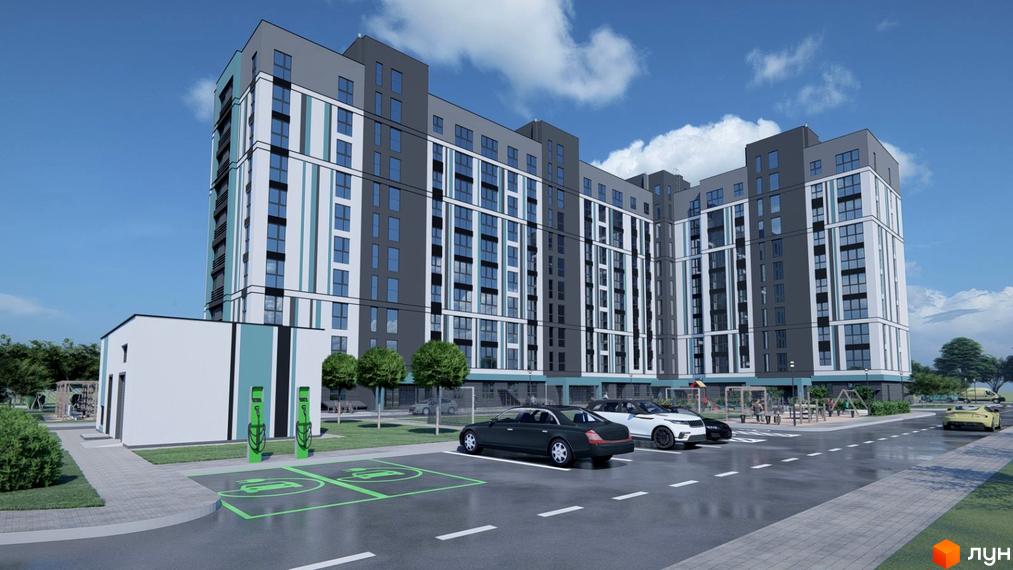 Житловий комплекс Нова Барселона: багатоповерховий будинок з сіро-білим фасадом та блакитними смугами. Перед будинком парковка з електрозарядками та зелені насадження.