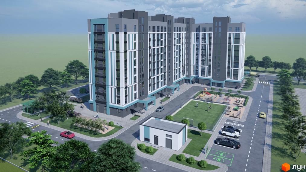 Житловий комплекс Нова Барселона з багатоповерховими будинками сіро-біло-блакитного кольору. Прибудинкова територія включає дитячий майданчик, зелені зони та парковку.