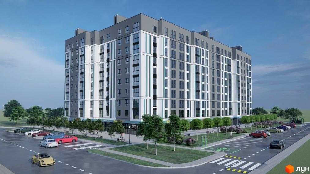 Зовнішній вигляд новобудови ЖК Нова Барселона з сірими та білими фасадами, великою кількістю вікон та прибудинковою територією з парковкою та зеленими насадженнями.