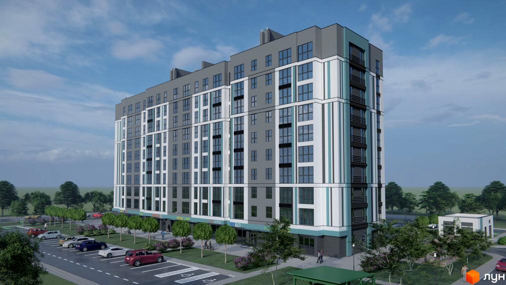 Зовнішній вигляд будинку ЖК Нова Барселона з сірими та білими фасадами, великими вікнами та балконами. Навколо будинку розташовані зелені насадження та парковка з автомобілями.