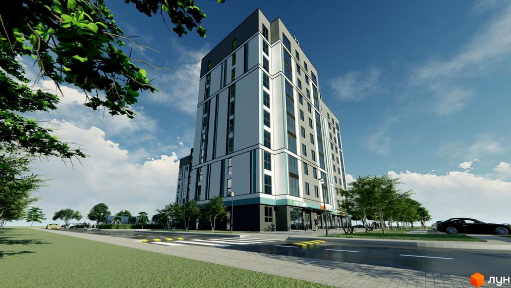 Багатоповерховий будинок Житлового комплексу Нова Барселона з білими, сірими та бірюзовими фасадами. Поруч дорога, пішохідний перехід, зелені насадження та автомобілі.