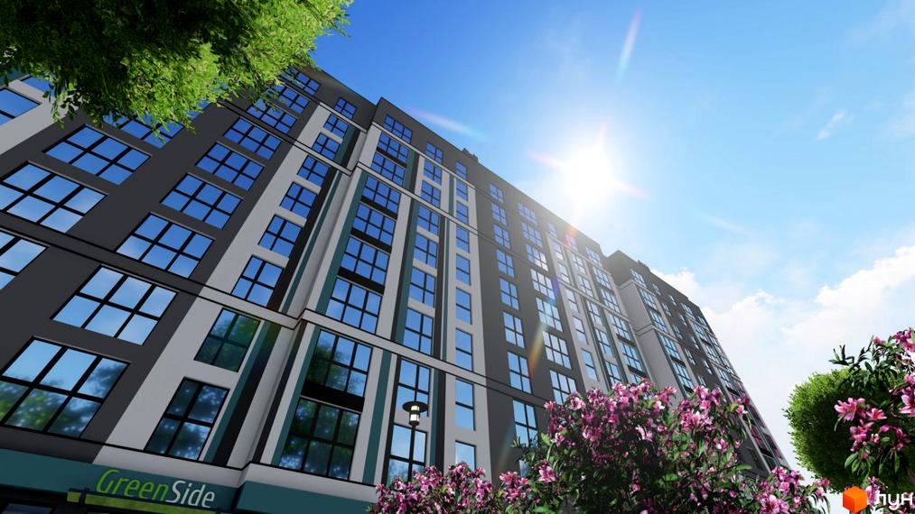 Багатоповерховий будинок Житлового комплексу Нова Барселона з сірим фасадом та синіми вікнами. Навколо будинку ростуть дерева та квітучі кущі.