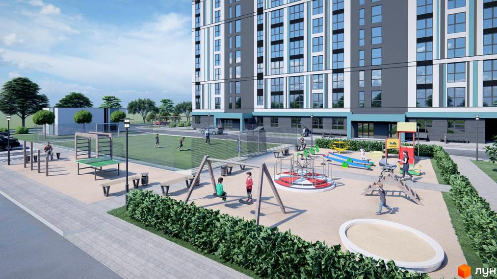 Житловий комплекс Нова Барселона: багатоповерховий будинок сірого кольору з блакитними елементами та дитячим майданчиком з гойдалками та каруселлю.