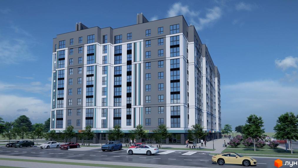 Житловий комплекс Нова Барселона - сучасна новобудова з панорамними вікнами та упорядкованою прибудинковою територією. Навколо комплексу розташовані дерева та місця для паркування.