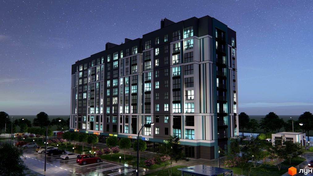 Зовнішній вигляд багатоповерхового будинку ЖК Нова Барселона з підсвіченими вікнами вночі. Навколо будинку розташовані дерева, кущі та парковка з автомобілями.