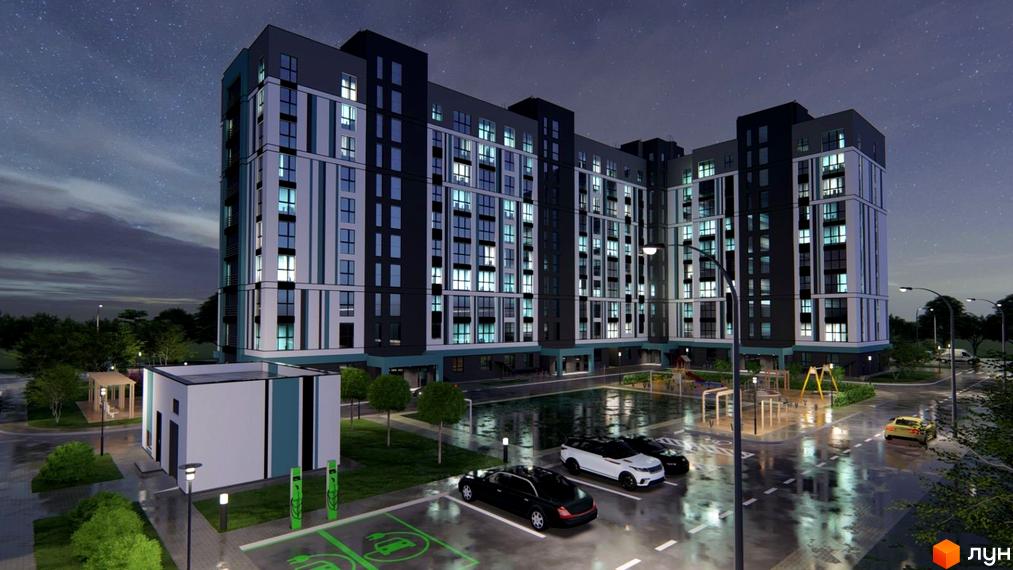 Житловий комплекс Нова Барселона. Зовнішній вигляд багатоповерхового будинку з вікнами та балконами, прибудинкова територія з парковкою та дитячим майданчиком.