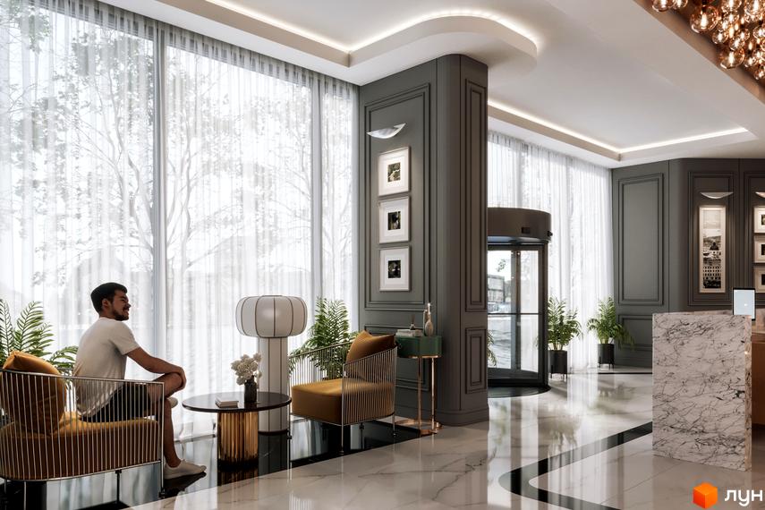 Інтер'єр лобі в Житловому комплексі Krauss Gallery. Зона відпочинку з м'якими меблями, великі вікна та мармурова підлога.