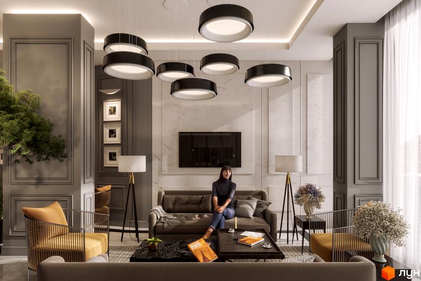 Інтер'єр вітальні в Житловому комплексі Krauss Gallery: стіни з мармуровим та панельним оздобленням, підвісні світильники, диван та крісла.