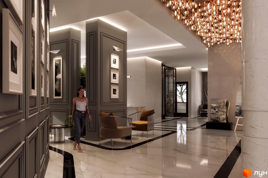 Лобі Житлового комплексу Krauss Gallery з мармуровою підлогою, панельними стінами та великою люстрою. Просторий хол з місцями для відпочинку.