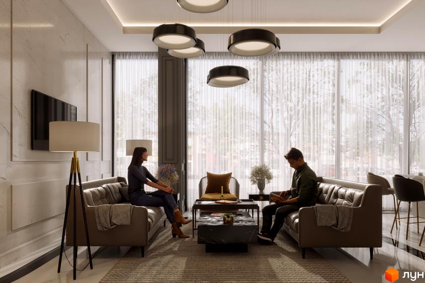 Простора вітальня у Житловому комплексі Krauss Gallery з великими вікнами та видом на зелені насадження.