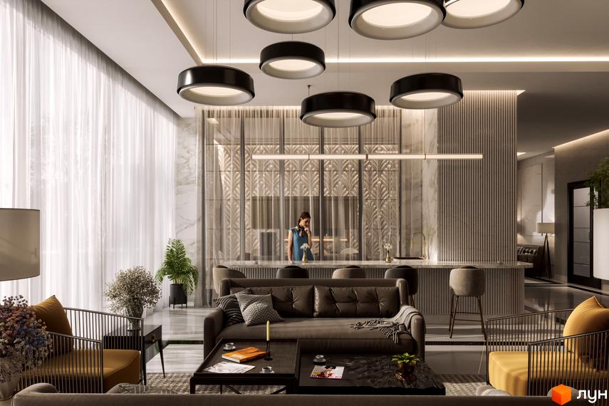 Інтер'єр вітальні в Житловому комплексі Krauss Gallery. Зображення дизайну квартири з меблями та освітленням.