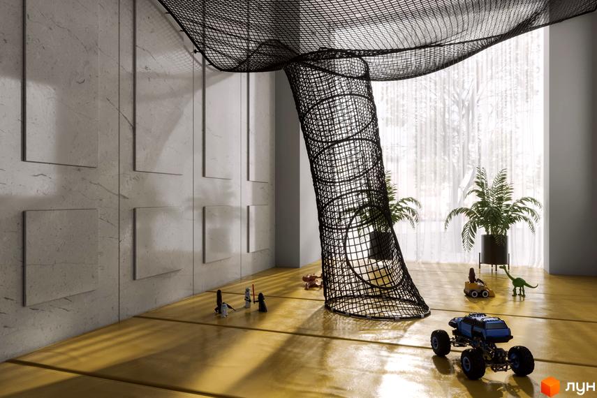 Житловий комплекс Krauss Gallery: інтер'єр дитячої кімнати з підвісною ігровою сіткою, світлими мармуровими стінами та великими вікнами. На підлозі іграшки та рослини.