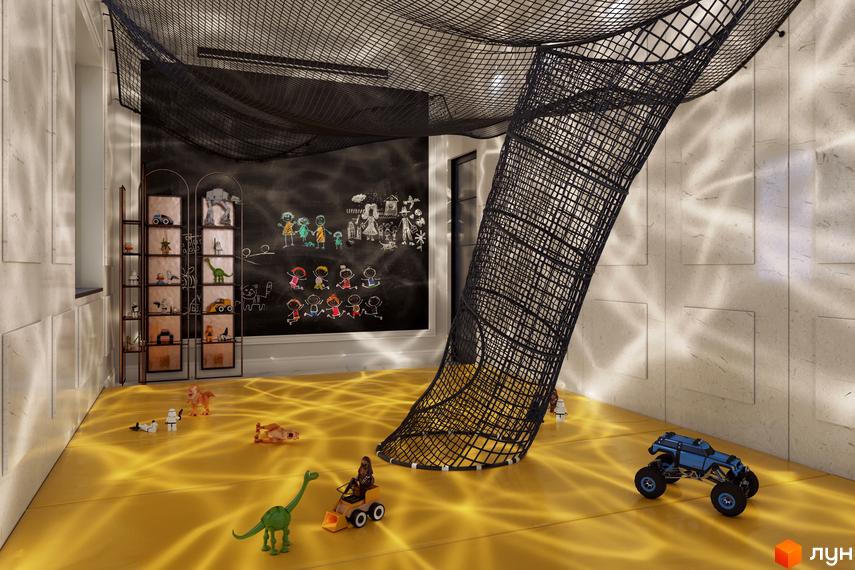 Ігрова кімната в Житловому комплексі Krauss Gallery з чорною дошкою для малювання та іграшками. Сітка для лазіння для дітей.