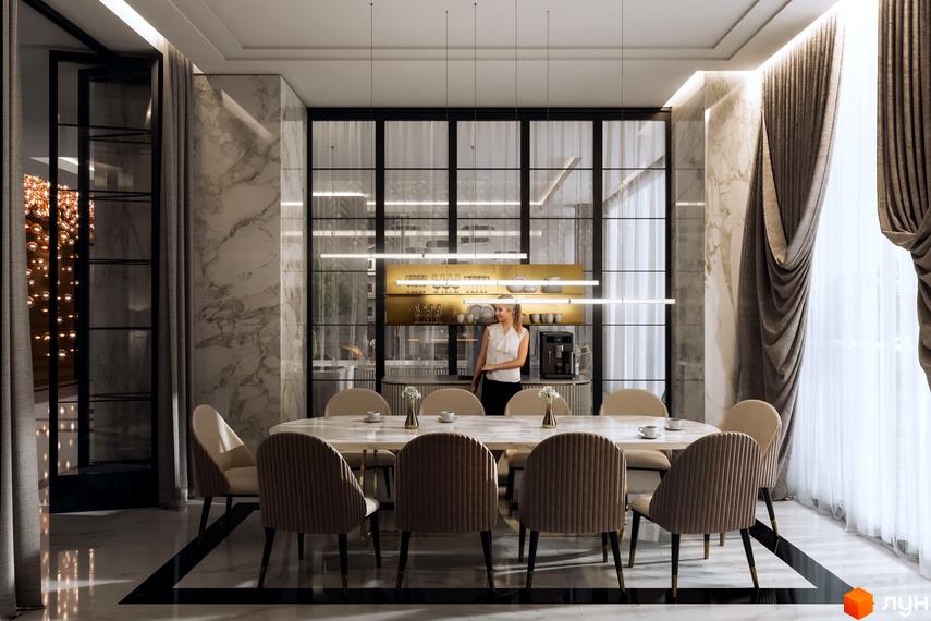 Простора їдальня у новобудові Krauss Gallery з мармуровими стінами, великим столом та зоною бару. Інтер'єр оформлено світлими тонами та скляними перегородками.
