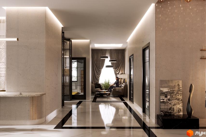 Інтер'єр холу в Будівельному проєкті Krauss Gallery: світлий простір з мармуровою підлогою та декоративними панелями. Зона відпочинку з м'якими меблями та видом на вікно.