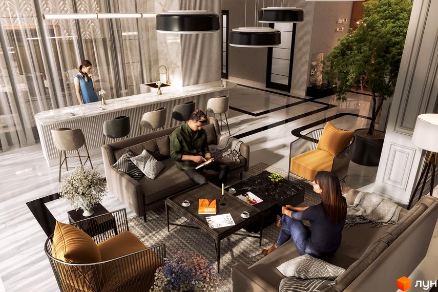 Інтер'єр вітальні у Будівельному проєкті Krauss Gallery. Зручні дивани та крісла, стильні столики та декор, великі вікна з видом на місто.