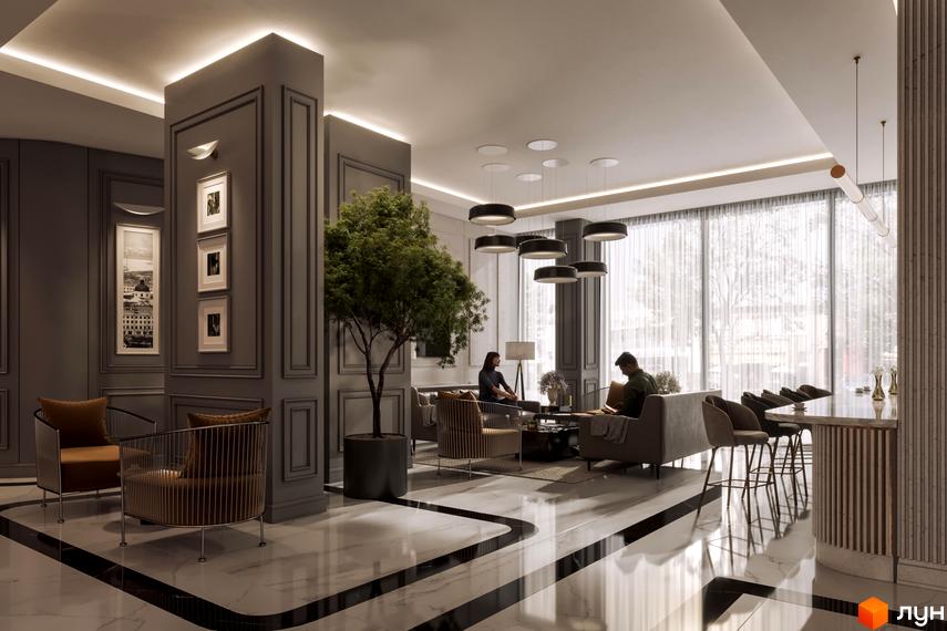 Житловий комплекс Krauss Gallery: інтер'єр холу з високими вікнами, мармуровою підлогою та зонами відпочинку. За вікнами видно зелені насадження.