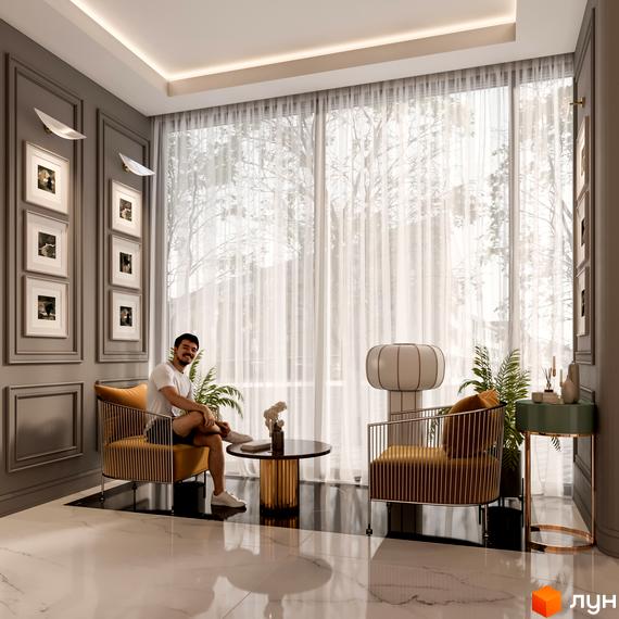 Інтер'єр кімнати в Житловому комплексі Krauss Gallery з панорамними вікнами та м'якими меблями. На підлозі світла плитка з темними вставками.