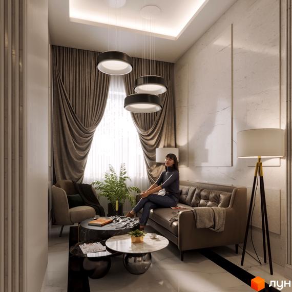 Інтер'єр вітальні в Новобудові Krauss Gallery з великими вікнами, зручними меблями та світлими стінами. Просторі кімнати для комфортного проживання.