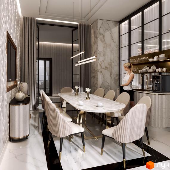 Простора їдальня Житлового комплексу Krauss Gallery з мармуровим столом, світлими стільцями та функціональною кухонною зоною. Інтер'єр виконаний у світлих тонах з акцентами.