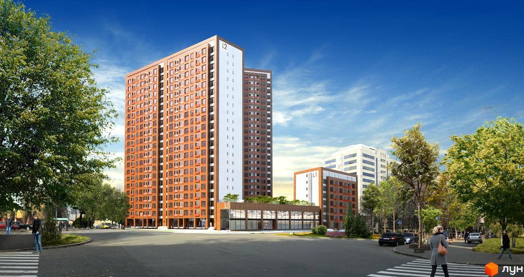 Зображення житлового комплексу L-квартал. Високі будинки з коричневим фасадом та великими вікнами. На території комплексу є зелені насадження та парковка.