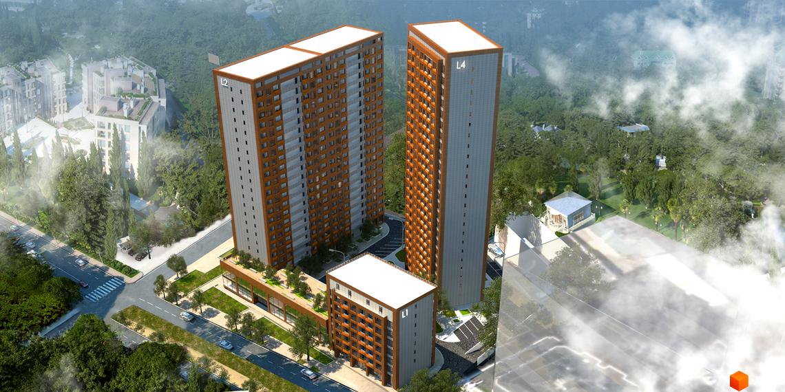 Житловий комплекс L-квартал. Високі будинки з коричневими фасадами та білими дахами розташовані серед зелені. На території є дороги, парковка та зелені насадження.