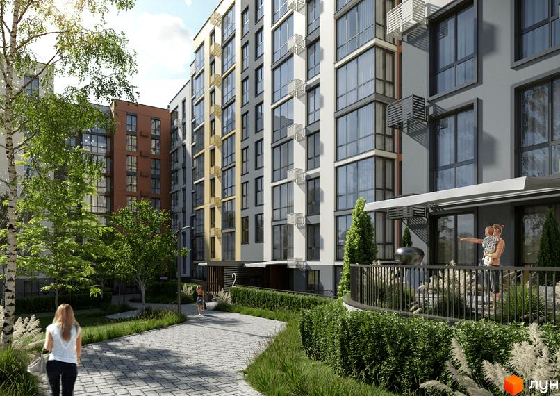 Житловий комплекс HARMONY for life з багатоповерховими будинками світлих, сірих та коричневих відтінків. Прибудинкова територія має доріжки, дерева та зелені насадження.