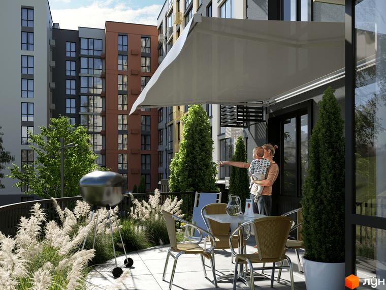 Житловий комплекс HARMONY for life: сучасний фасад будівель та затишна тераса з дитиною та батьками. На території комплексу розташований гриль та зелені насадження.