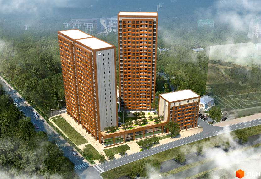 Житловий комплекс L-квартал з висотними будинками з коричневим фасадом. На території комплексу є зелені насадження та дорога з розміткою.