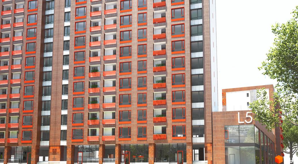 Висотна будівля житлового комплексу L-квартал з великими вікнами та балконами. На території комплексу є зелені насадження та сучасна архітектура.