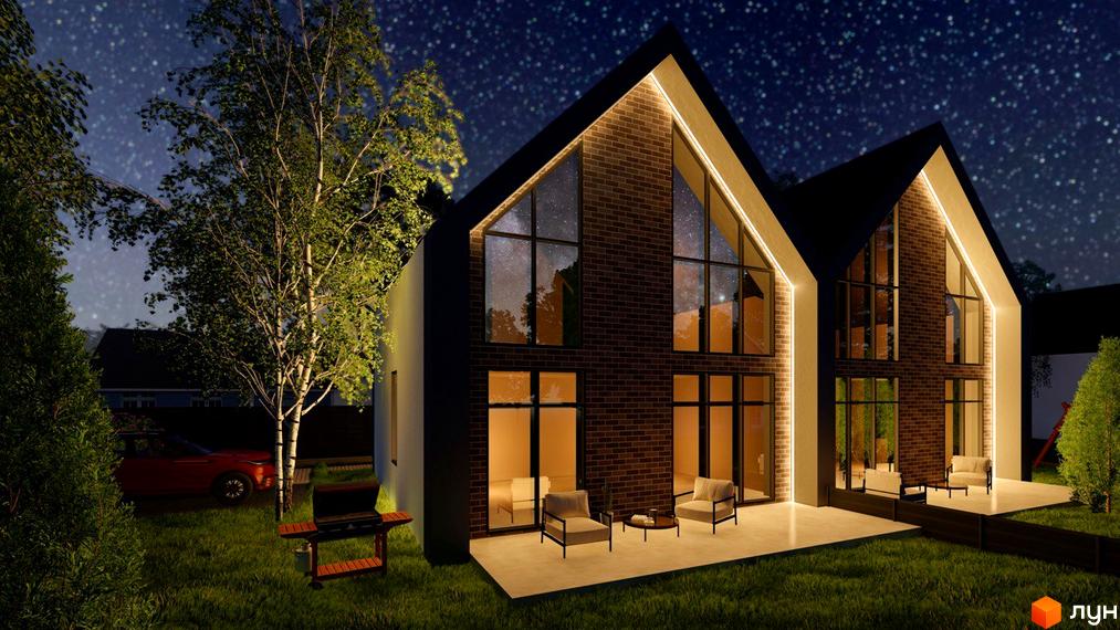 Дуплекси Тут: двоповерхові будинки з цегляним фасадом та великими вікнами під зоряним небом. На прибудинковій території зелений газон, дерева та зона відпочинку з мангалом.