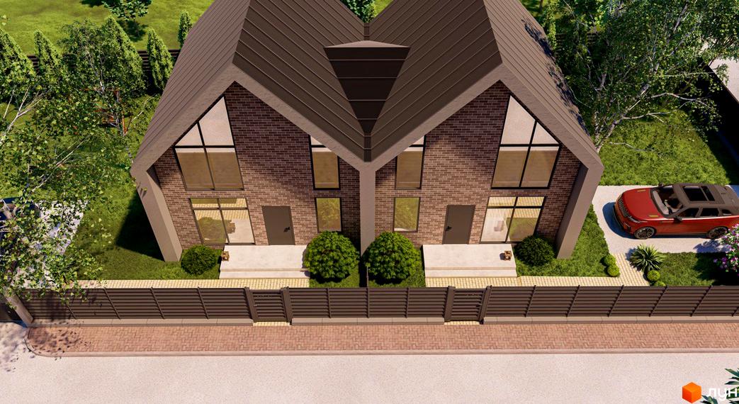 Дуплекси „Тут“ з фасадом з темно-коричневої цегли та великими вікнами. На прибудинковій території зелені насадження, парковка та огорожа.