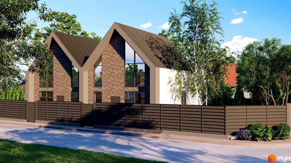 Зовнішній вигляд дуплексів Тут з цегляним фасадом та двосхилим дахом, огороджених парканом. На передньому плані зелена галявина та дорога.