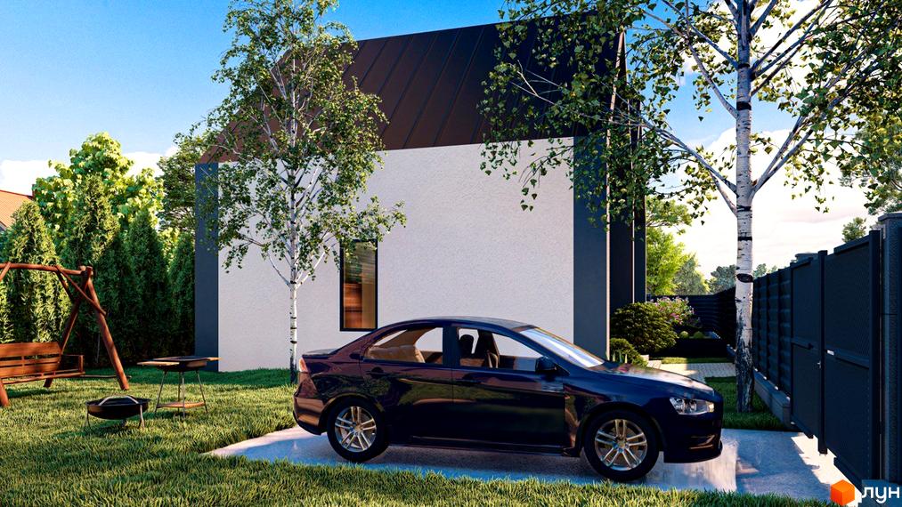 Дуплекс „Тут“ має білий фасад, темний дах та бічні елементи. На подвір'ї зелений газон, дерева, гойдалка та автомобіль.