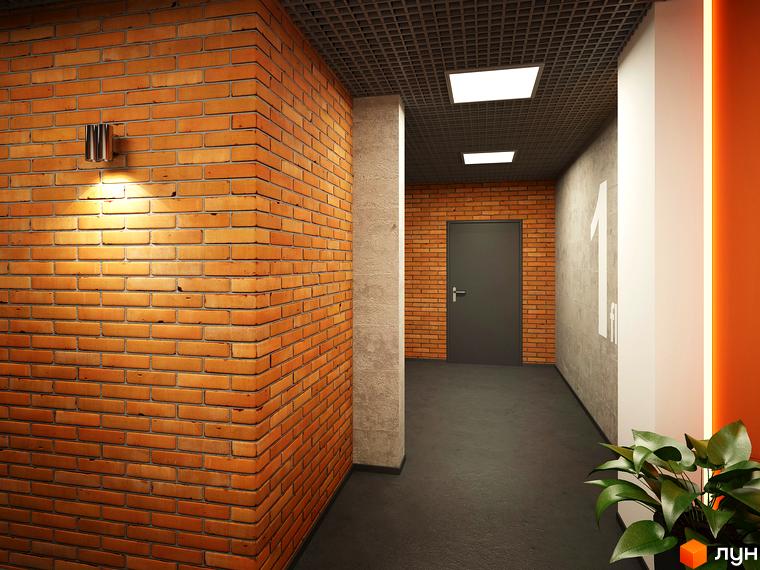 Коридор у ЖК L-квартал з цегляною стіною, чорною підлогою та дверима. На стіні позначка поверху.