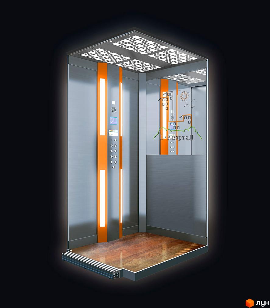 Інтер'єр ліфта в ЖК L-квартал. Світле оздоблення з помаранчевими акцентами. На склі зображено сонце, птахи та будинки.