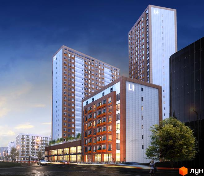 Житловий комплекс L-квартал. Високі будинки з фасадами з цегли та світлого каменю. На першому поверсі розташовані комерційні приміщення, перед будинками - дорога з освітленням.