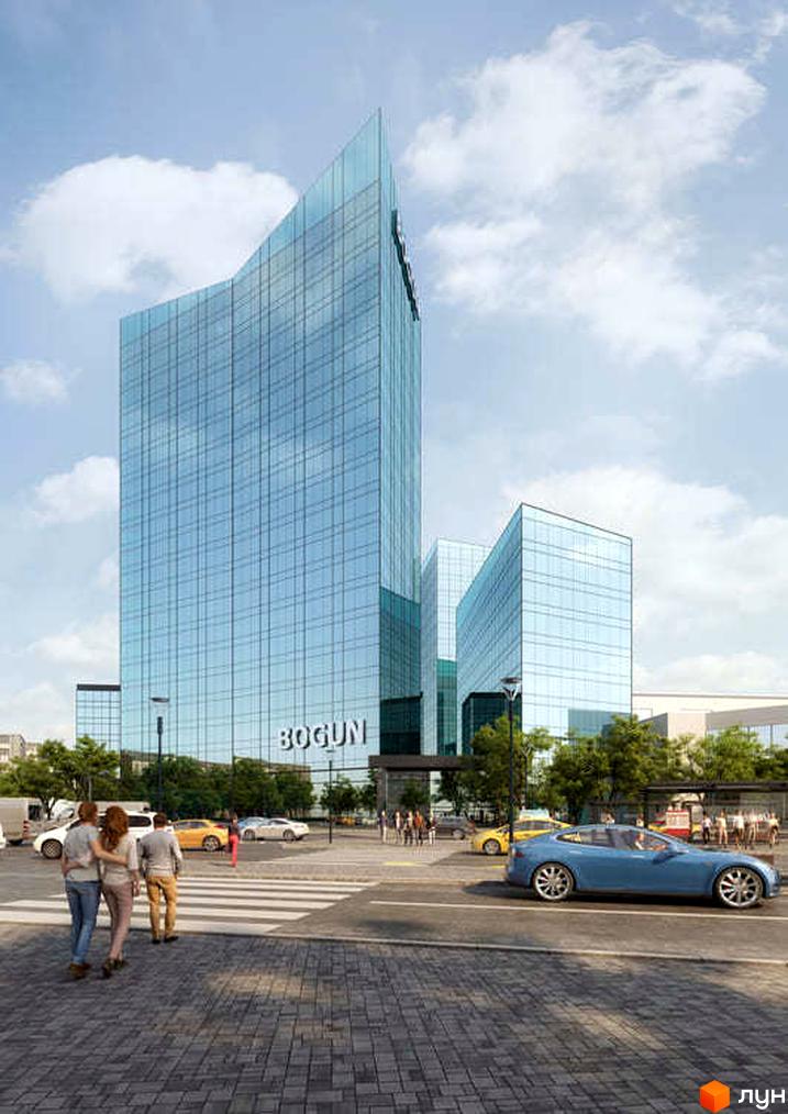 Сучасний житловий комплекс Bogun з високою скляною вежею та прилеглою територією з дорогою та автомобілями.