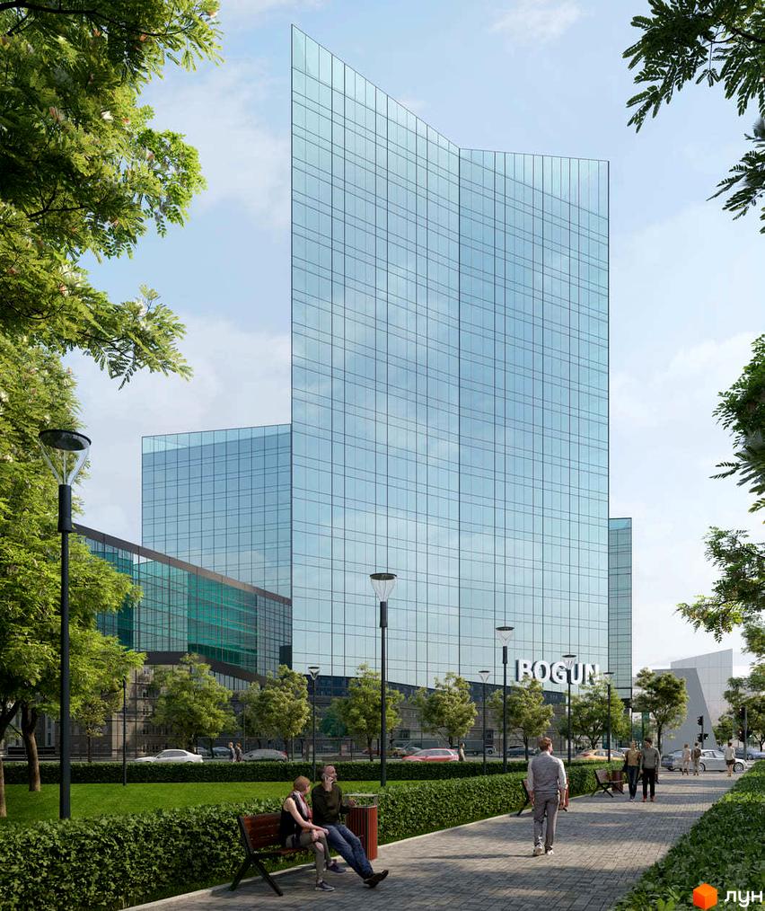 Житловий комплекс Bogun: висока будівля зі скляним фасадом та вигнутою формою. Навколо облаштована територія з деревами, лавками та пішохідними доріжками.