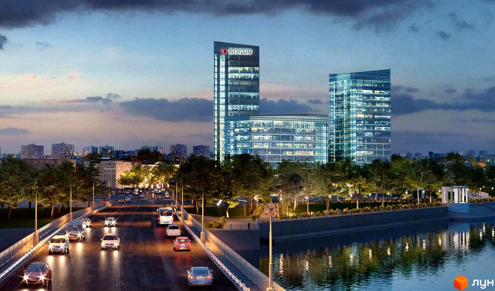 Житловий комплекс Bogun з двома висотними будівлями та підсвіченою набережною з деревами та освітленням.